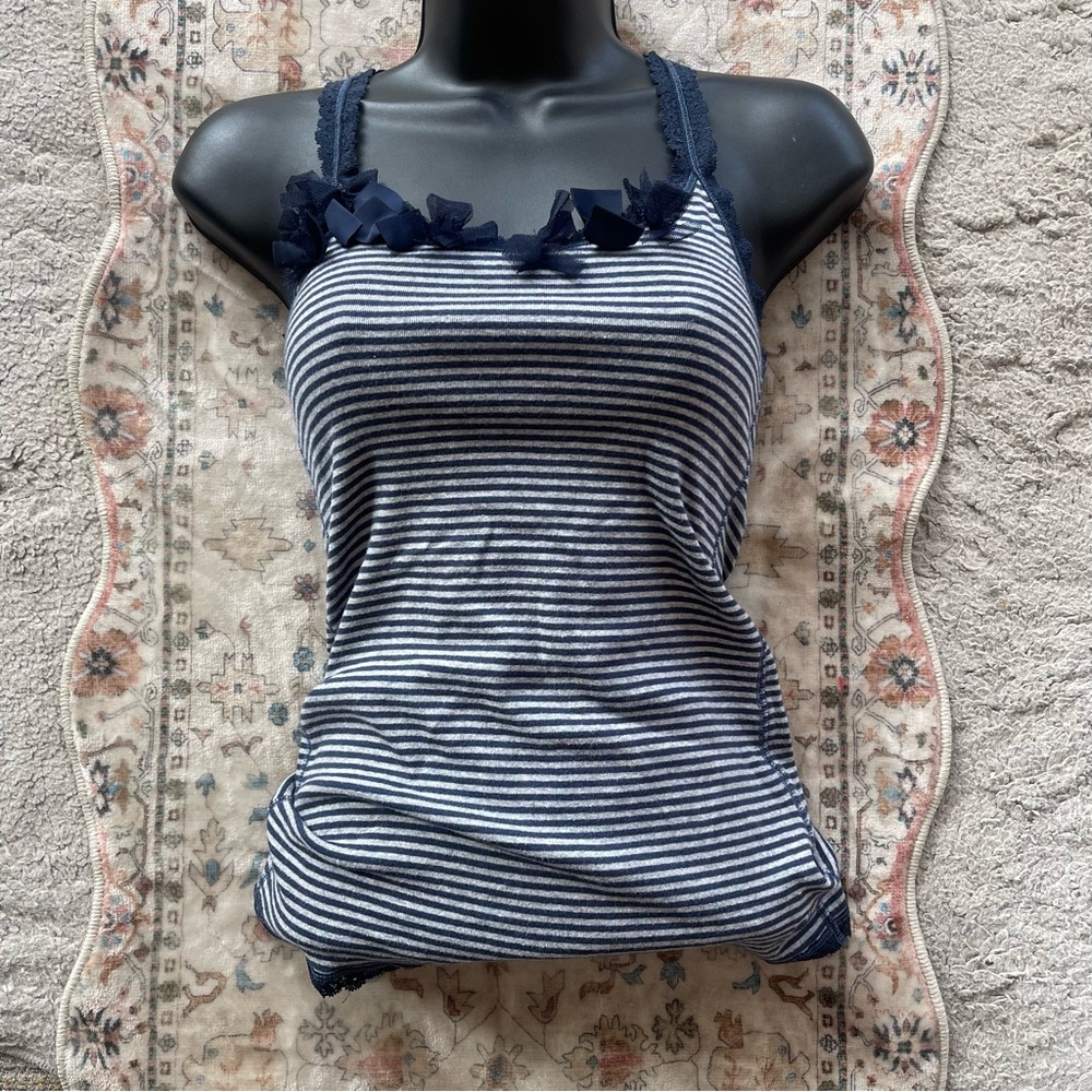 Abercrombie & Fitch Y2K Bella Swan Navy and White Striped Lace-Trim Cami Tank